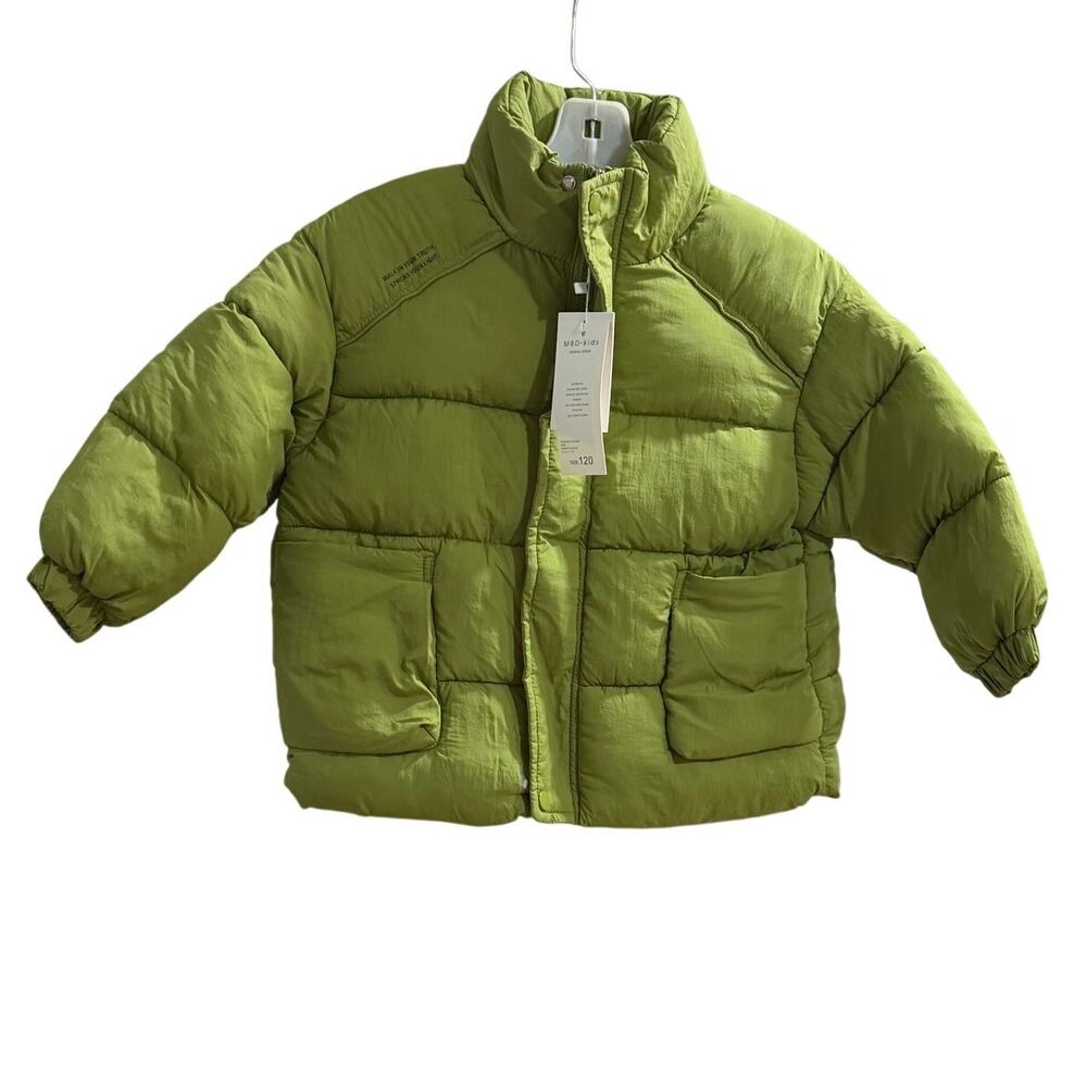 Kids Olive Green Puffer Jacket Size 120cm-5 yr Zip Front High Neck Pockets NWT